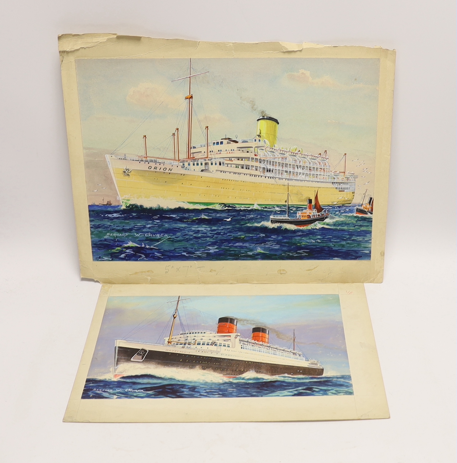 Bernard William Church, two watercolours of 1930s ocean liners, RMS Mauretania, Cunard White Star Line, 19 x 29cm and RMS Orion, Orient Line, 25.5 x 35.5cm, both signed